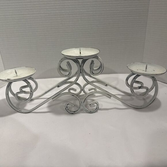 3 Pillar Candle Holder White Distressed Wrought Iron, Shabby Chic French Country - Picture 4 of 9